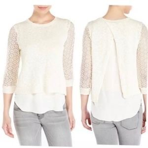 Lucky Brand Ivory Lace Chiffon Split Back Sweater